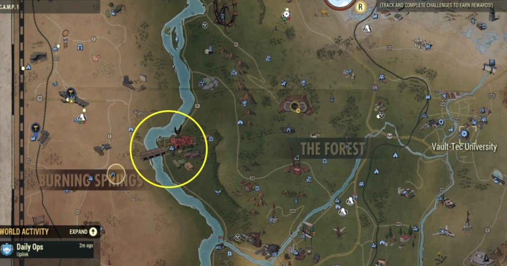 fallout 76 camp burning springs location stitch and snare