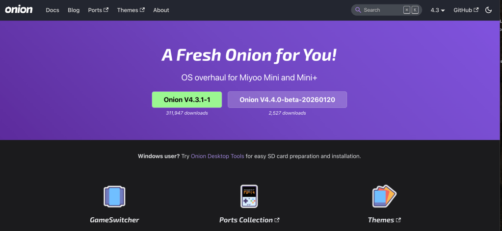 onion OS download page, stitch and snare