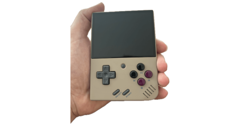 Miyoo Mini Plus retro gaming handheld held in hand showing compact 3.5 inch display