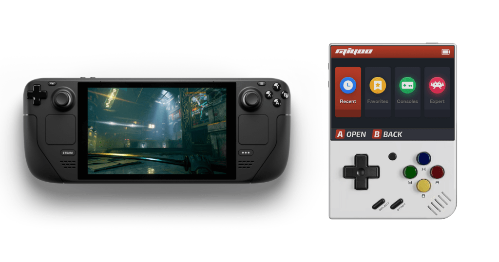 Steam Deck and Miyoo Mini Plus handheld gaming devices shown side by side for size comparison