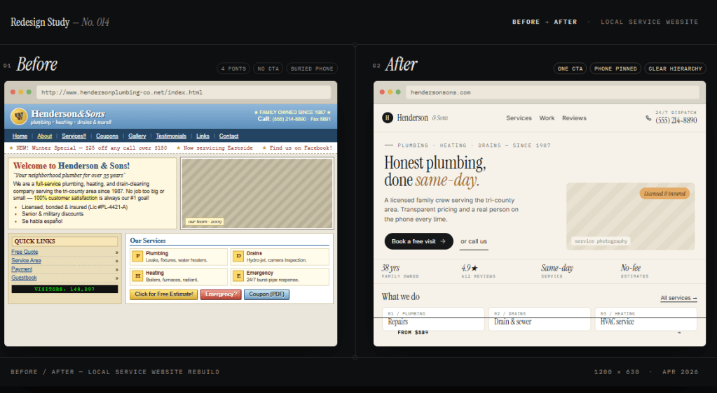 before and after redesign local service website demo, stitch and snare